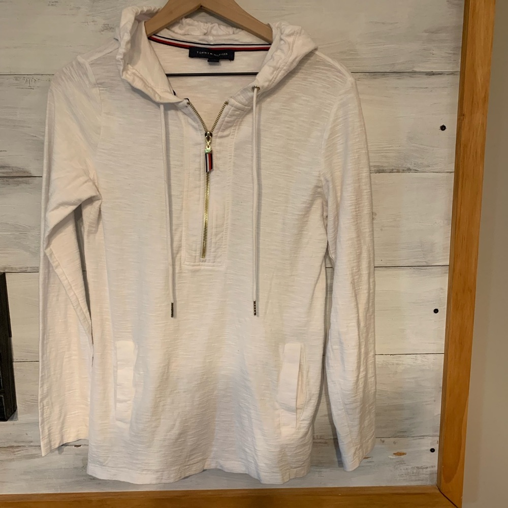 Tommy Hilfiger white lightweight pullover hoodie quarter zip with pockets